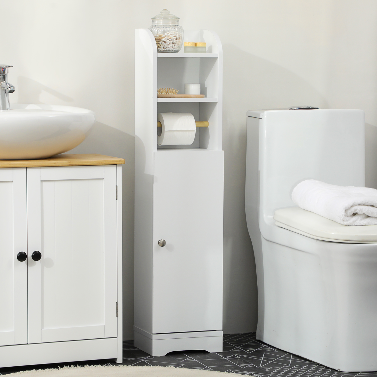 kleankin Freestanding Bathroom Storage Cabinet with Adjustable Shelf, White