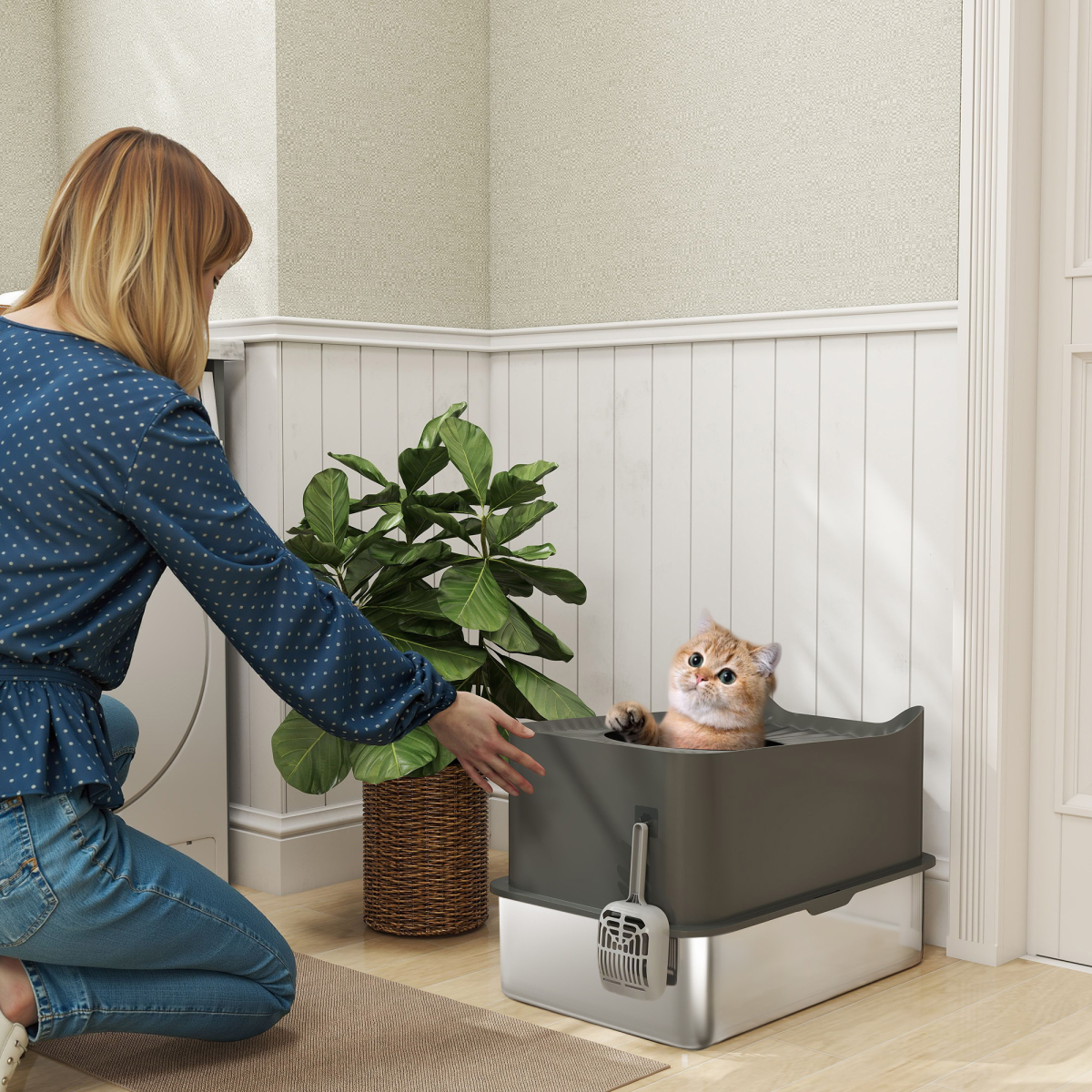 PawHut Stainless Steel Enclosed Cat Litter Box with Scoop, Dark Grey