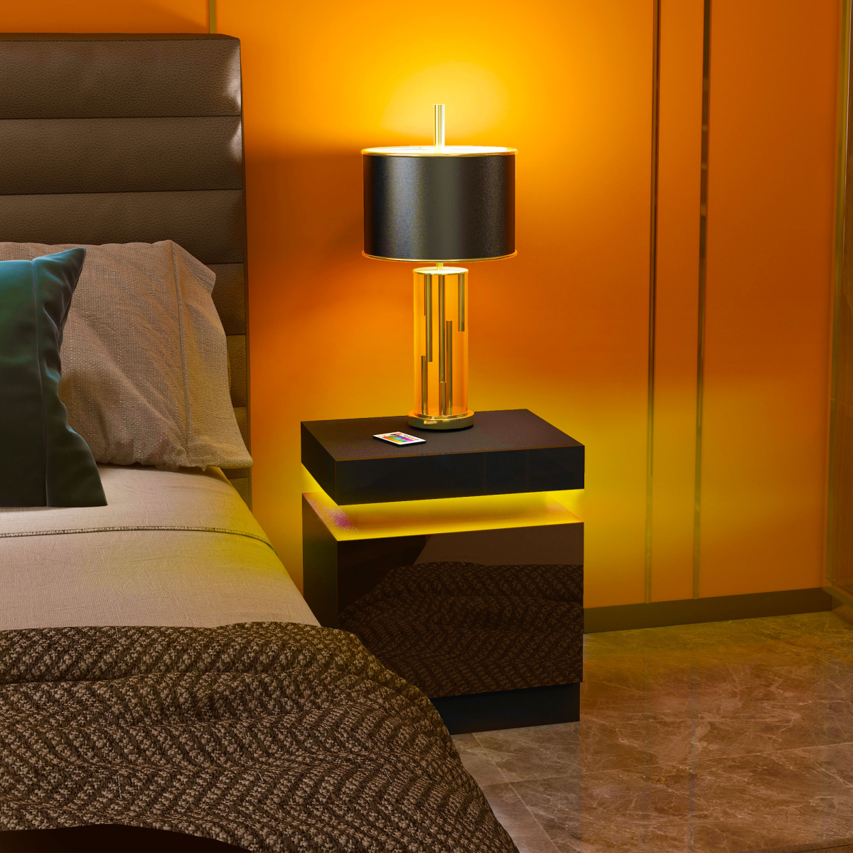 HOMCOM High Gloss LED Bedside Table with 2 Drawers, Black