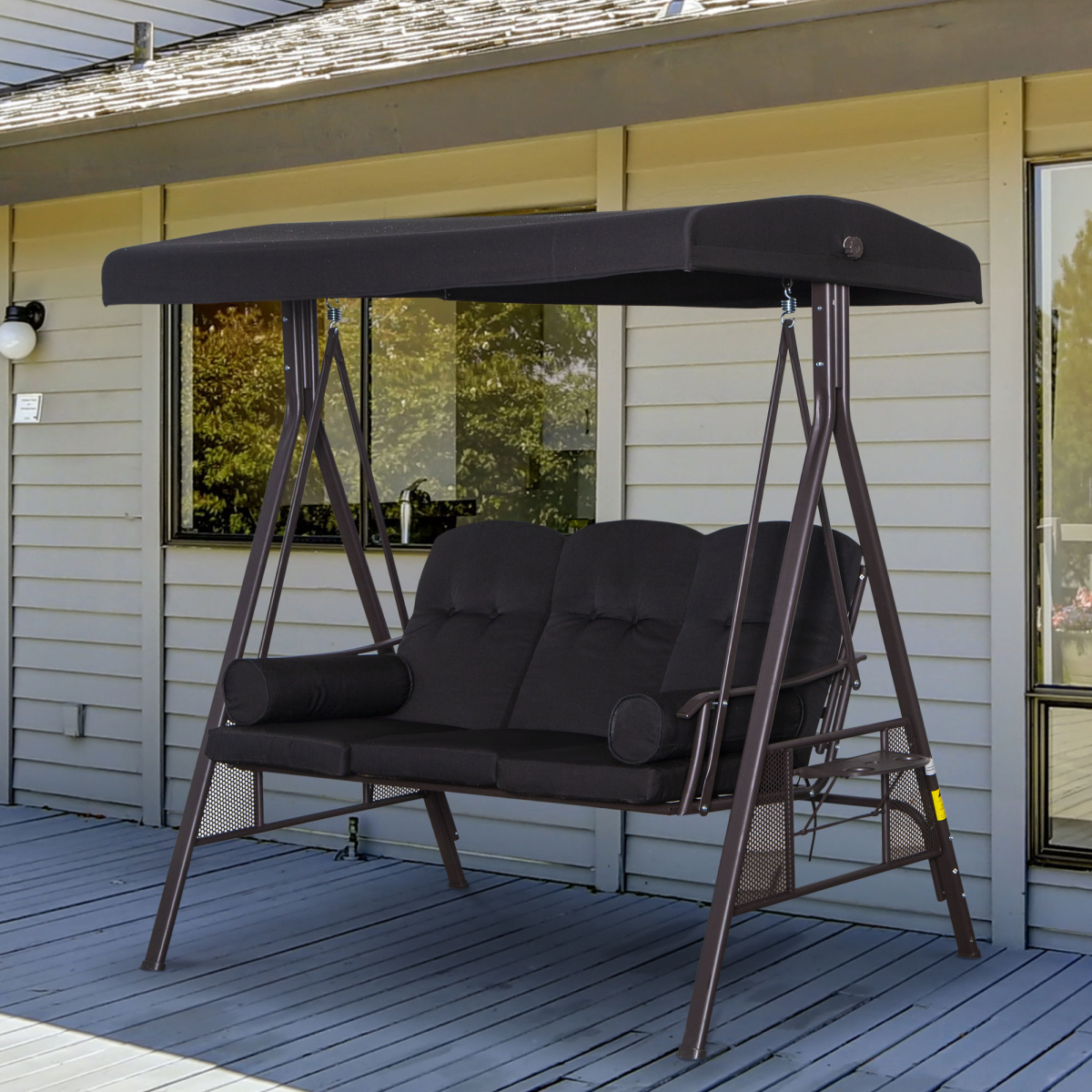 Outsunny 3 Seater Garden Swing Chair with Canopy & Cup Trays, Black