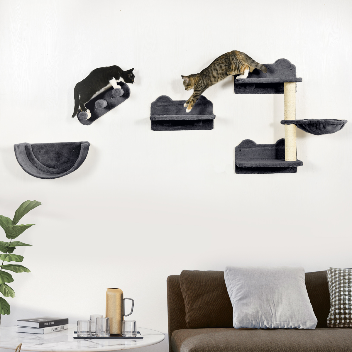 PawHut 4-Piece Wall Mounted Cat Tree with Hammock & Scratching Post