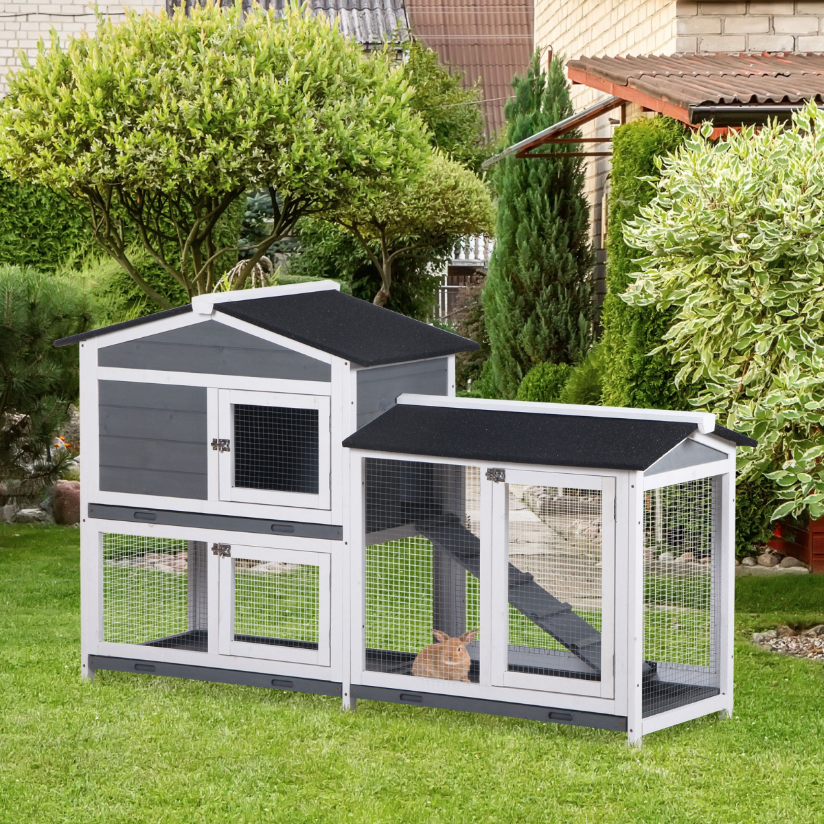 PawHut 2-Tier Wooden Rabbit Hutch for Guinea Pigs, Outdoor Pet Cage with Ramp, Sliding Tray and Weather-Resistant Roof