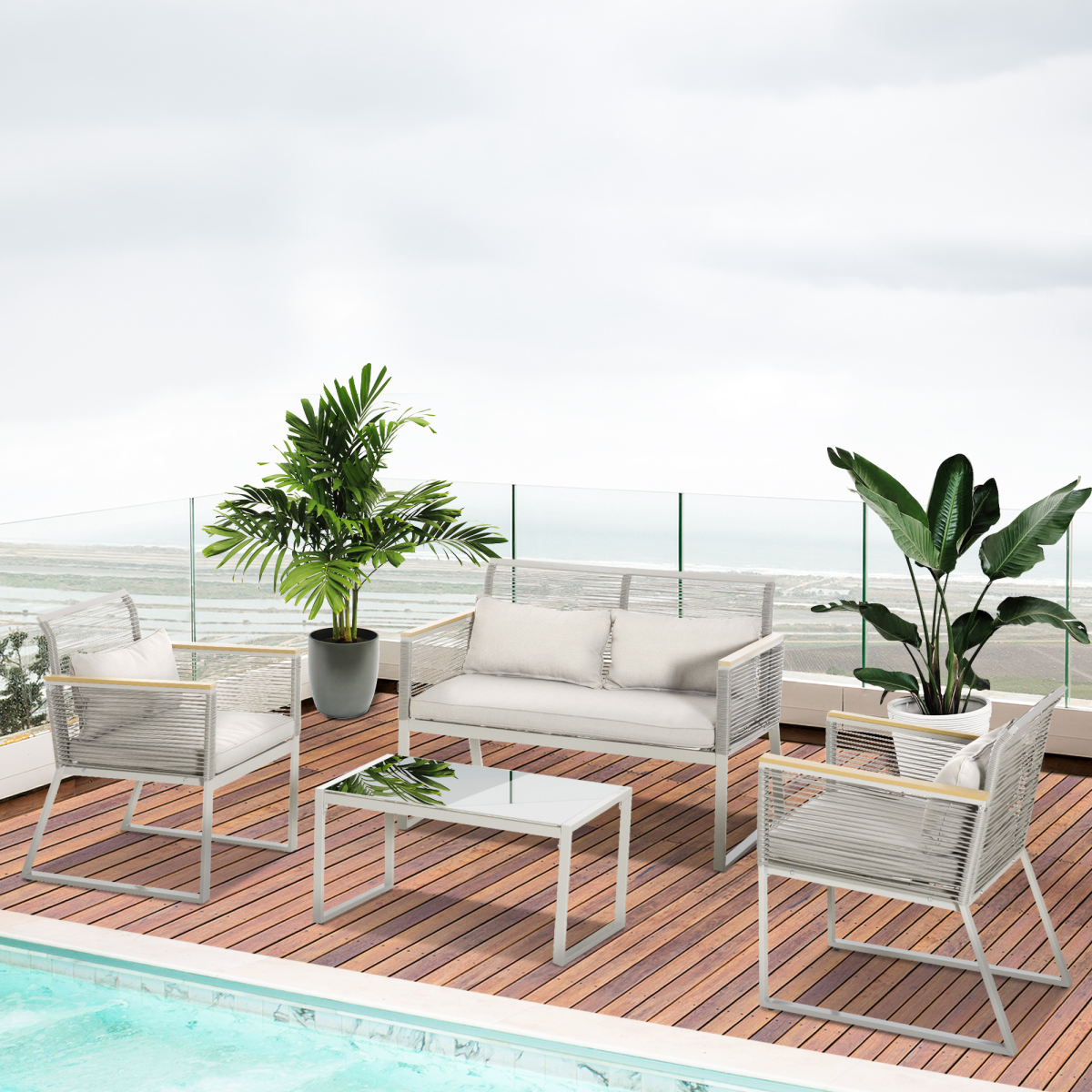 Outsunny 4-Piece Patio Rattan Sofa Set with 2 Chairs, Loveseat and Coffee Table, Steel Frame, PE Rattan, Tempered Glass, Grey
