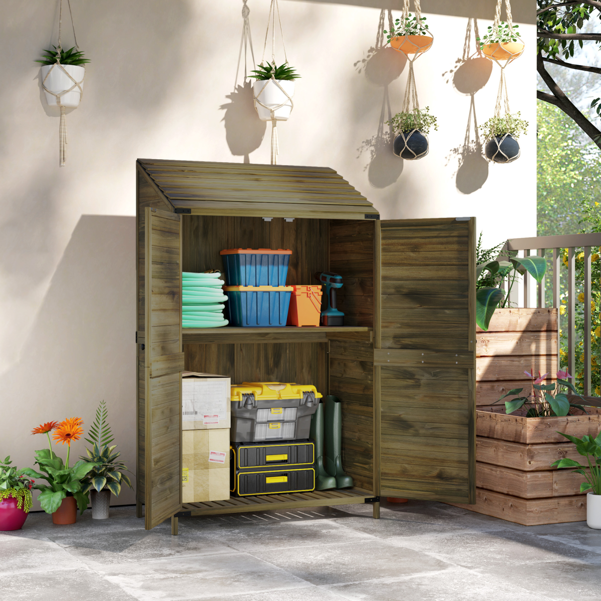 Outsunny Wooden Garden Storage Shed with Double Doors and Shelves, Green