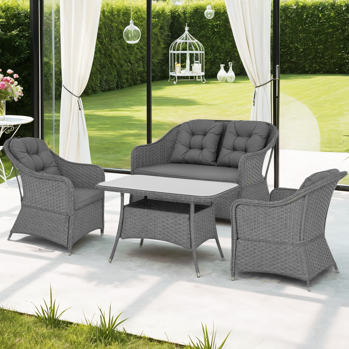 Outsunny 4 Piece Rattan Garden Furniture Set with Padded Cushions, Loveseat, 2 Armchairs and Coffee Table