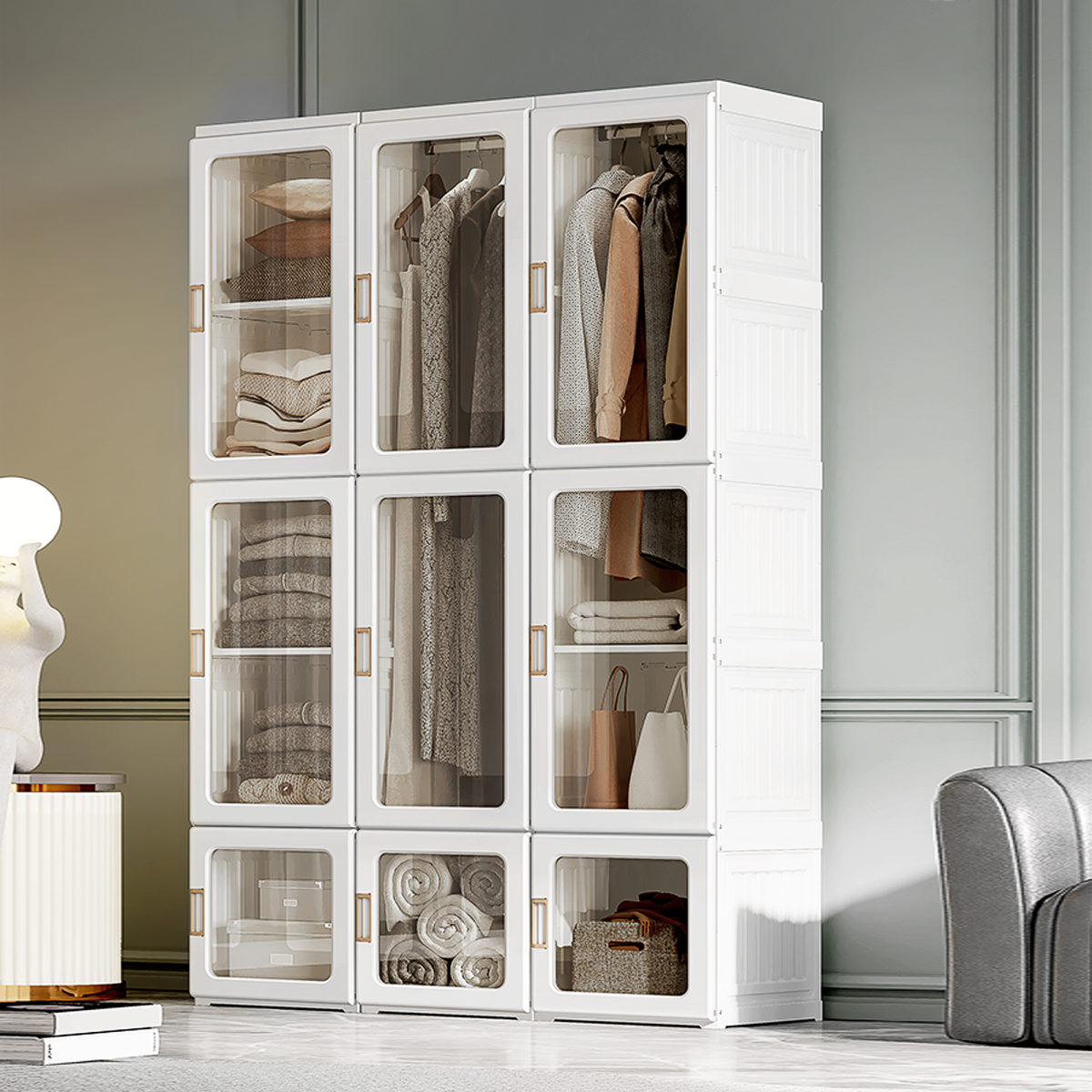 HOMCOM Folding Wardrobe with 8 Compartments and 2 Hanging Rods, White