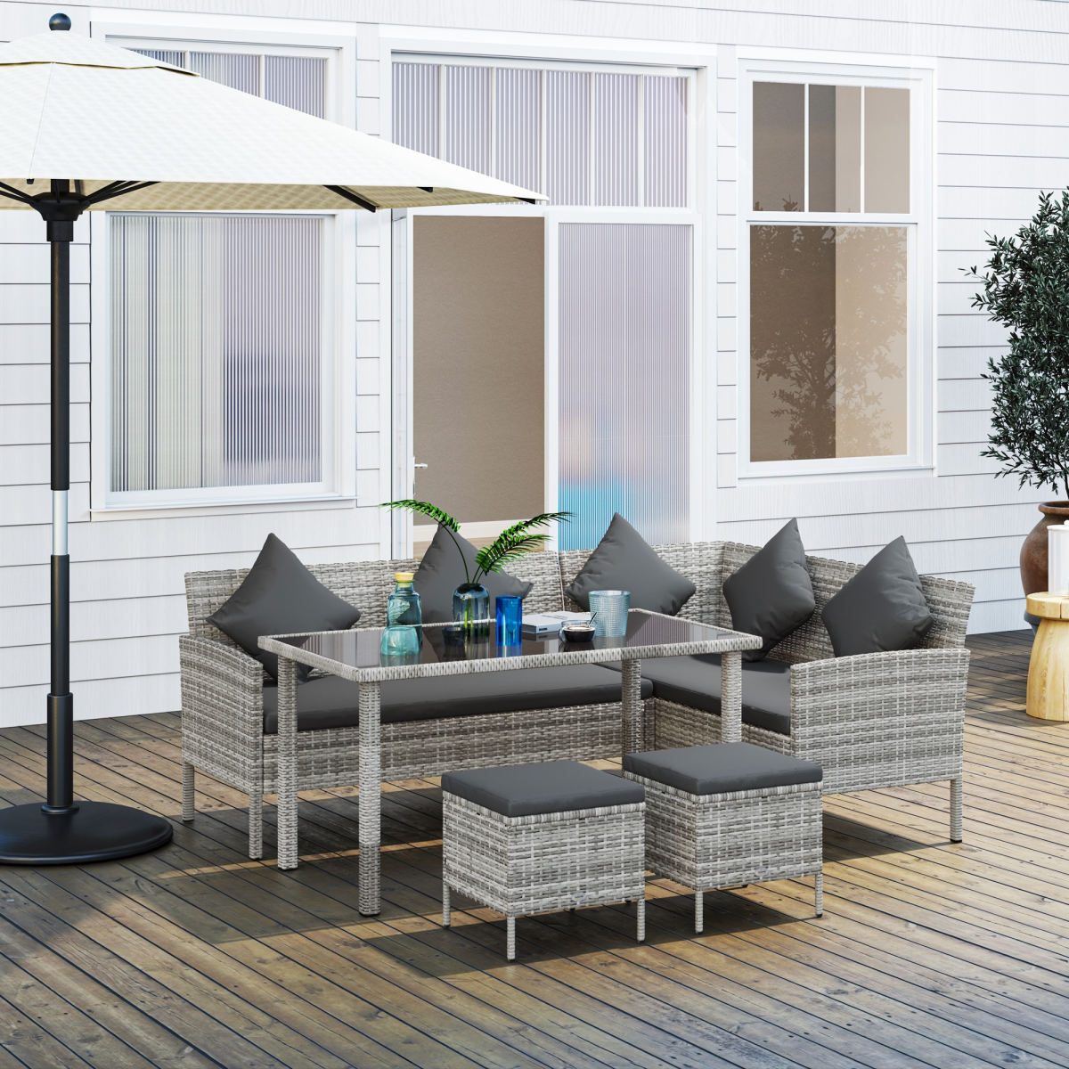 Outsunny 5-Piece Rattan Corner Dining Sofa Set, Dark Grey