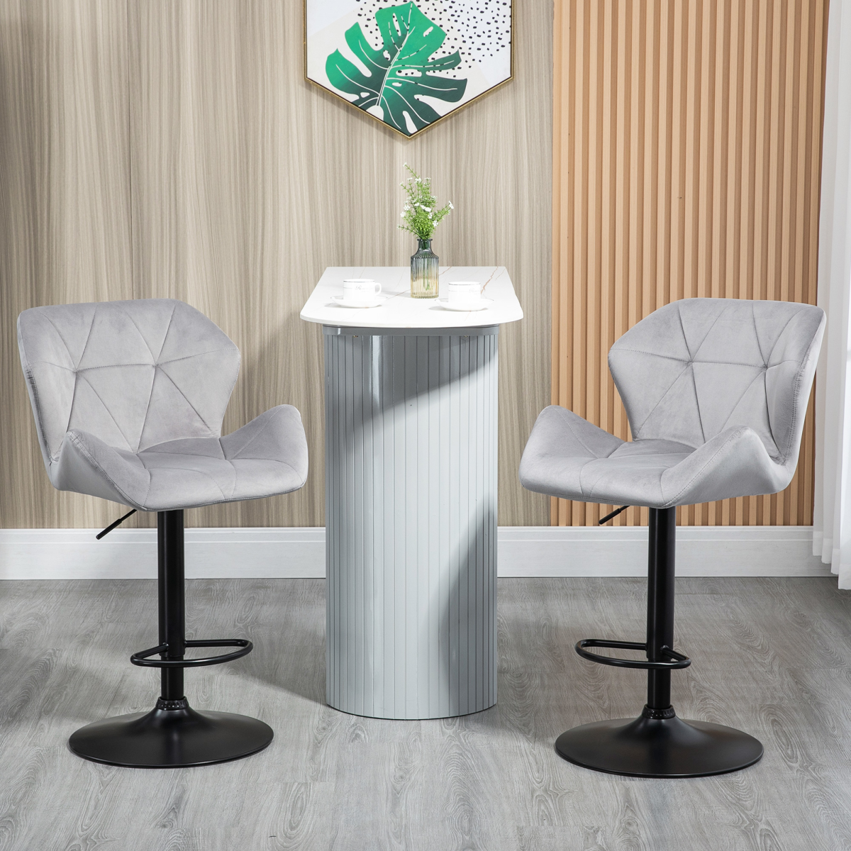 HOMCOM Set of 2 Grey Velvet-Feel Adjustable Bar Stools