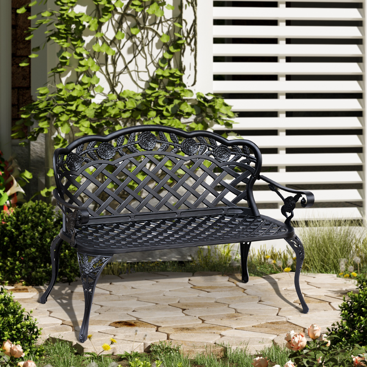 Outsunny Antique Style Cast Aluminium Garden Bench, Black, 107 x 58 x 85 cm