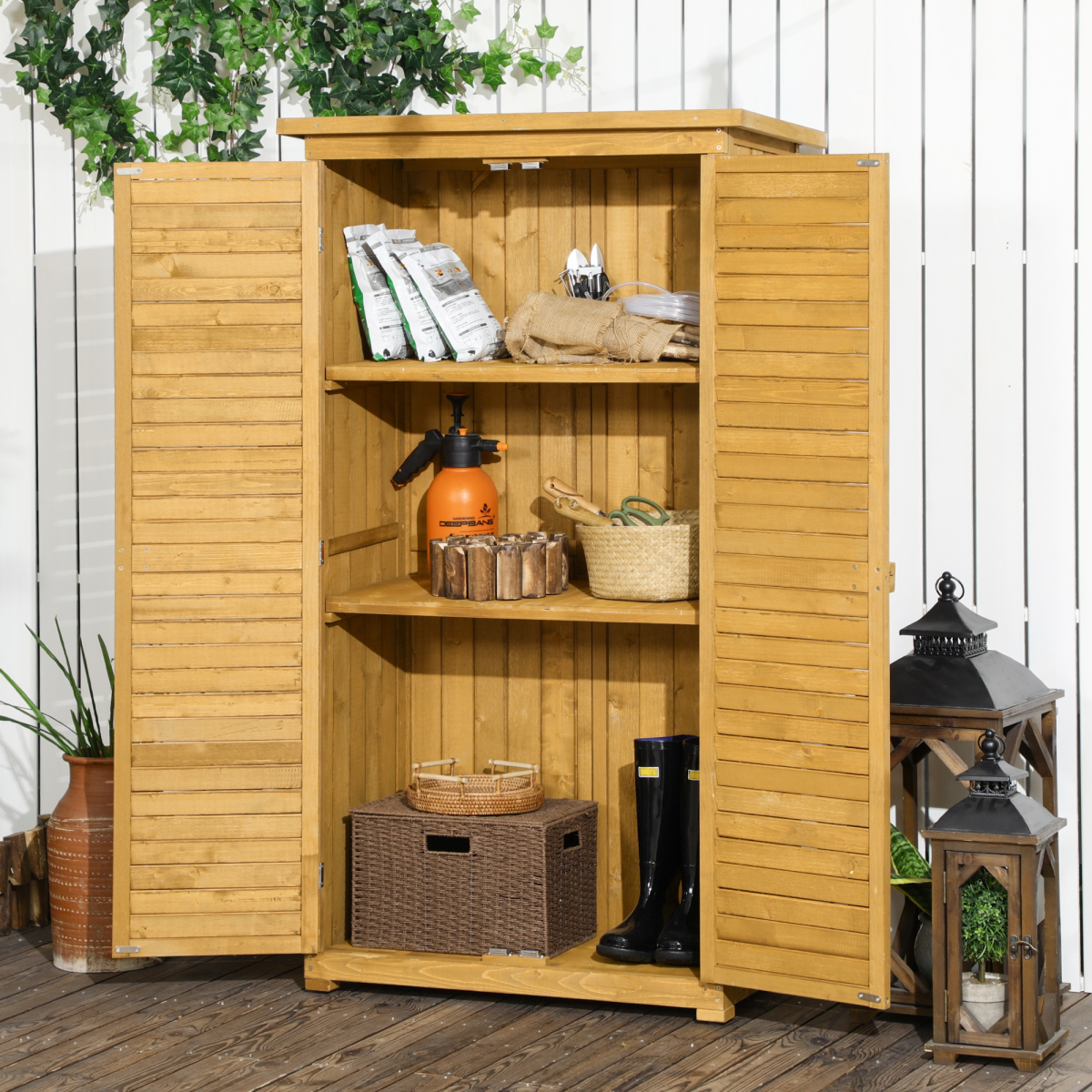 Outsunny Wooden Garden Storage Shed, Solid Fir Wood 3-Shelf Tool Cabinet with Double Doors and Lock