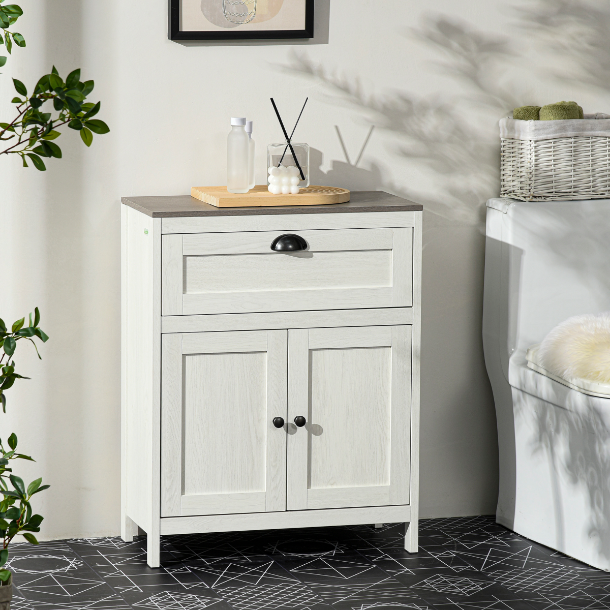 White Bathroom Floor Cabinet with Drawer, Double Door & Shelf