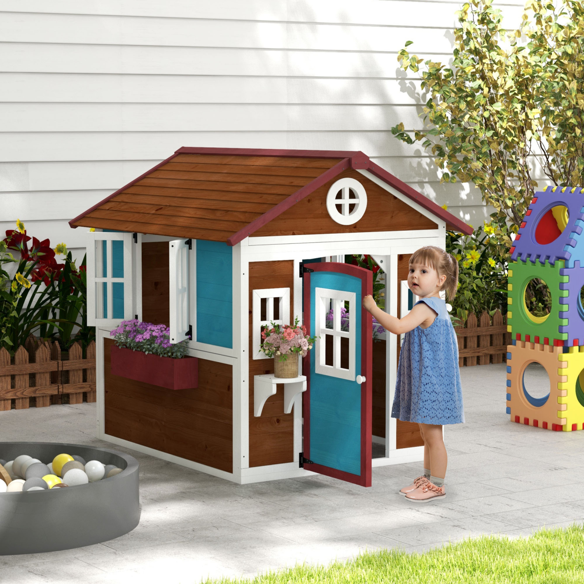 Outsunny Wooden Kids Playhouse with Doors, Windows & Plant Pots