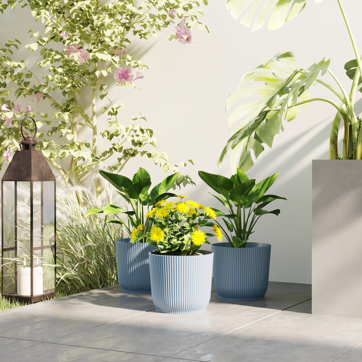 Outsunny Set of 3 Blue Round Stackable Plant Pots, 22cm
