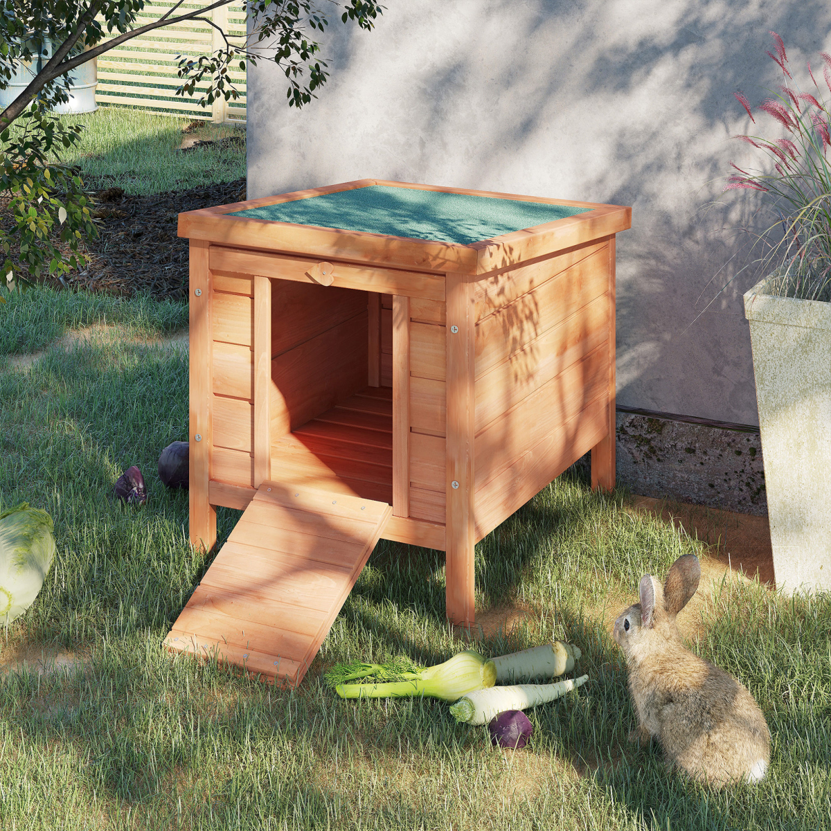 PawHut Wooden Rabbit Hutch with Front Door Ramp, Roof Hatch, Detachable Floor and Heart-Shaped Lock for Small Animals