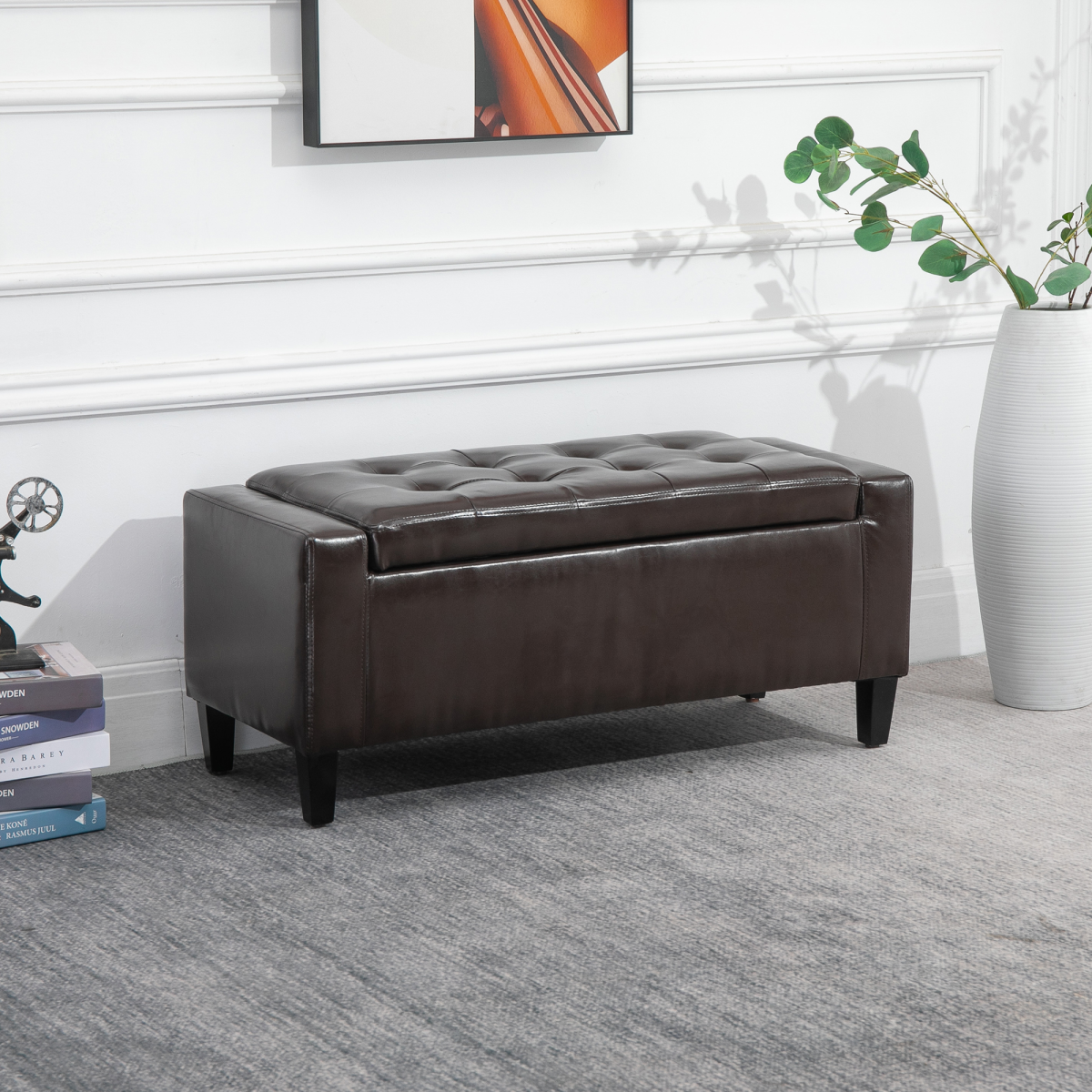 HOMCOM Tufted Faux Leather Storage Ottoman Bench, Padded Seat