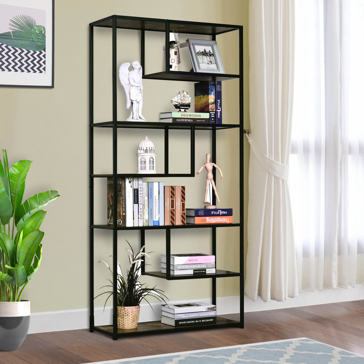 Industrial 6-Tier Bookshelf with Metal Frame, Display Rack