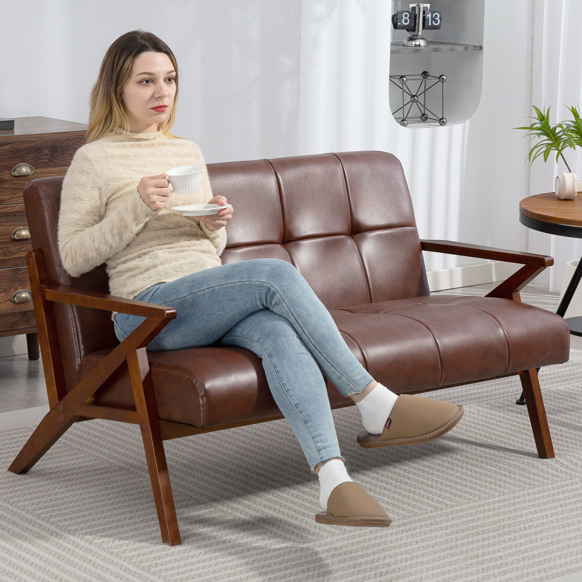 HOMCOM Compact Vintage Brown 2 Seater Sofa with Solid Wood Frame