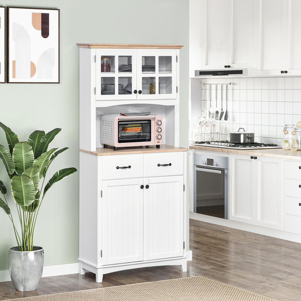 HOMCOM Kitchen Cupboard with Framed Glass Doors, 2 Drawers, Microwave Counter, White