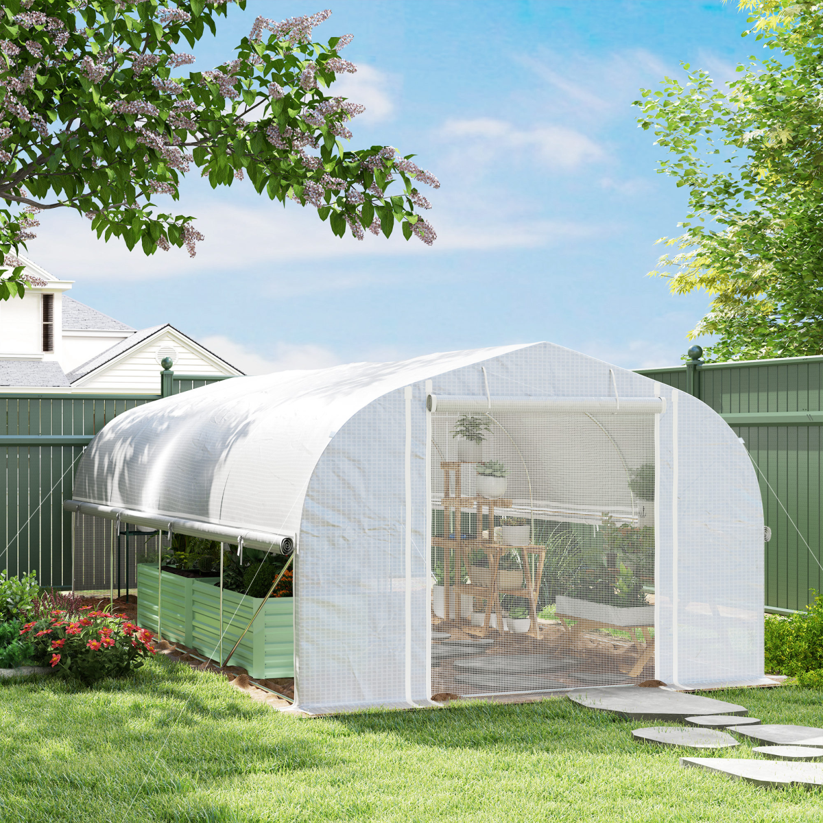 Outsunny Polytunnel Greenhouse with Roll-Up Sidewalls, Mesh Door, 595 x 300 x 200 cm