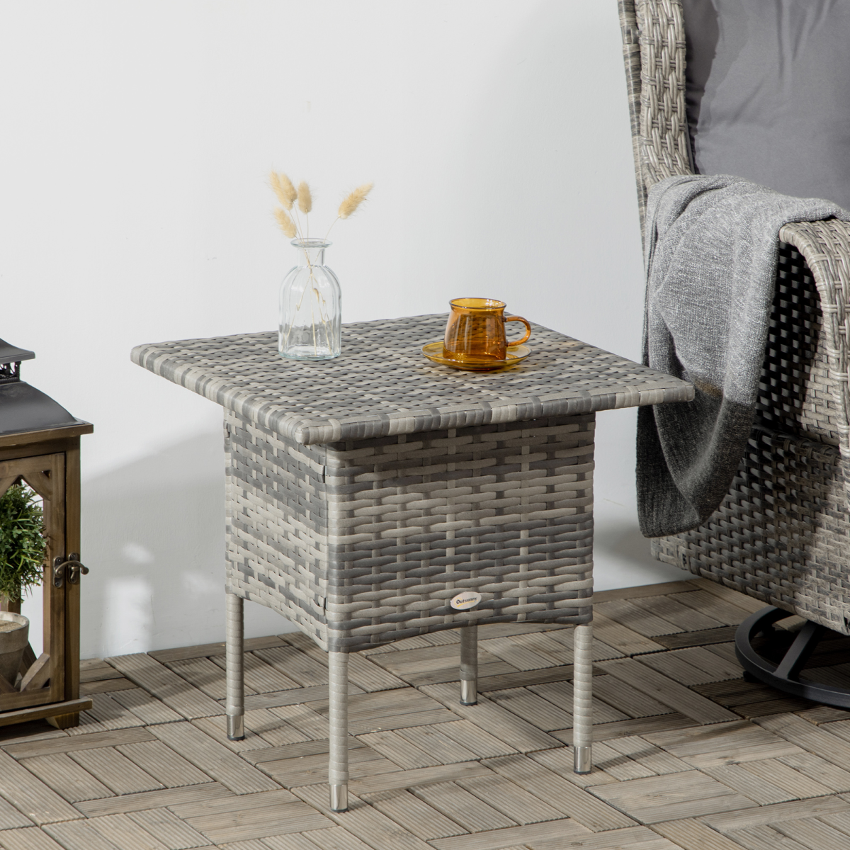 Outsunny PE Rattan Patio Coffee Table with Steel Frame, Mixed Grey