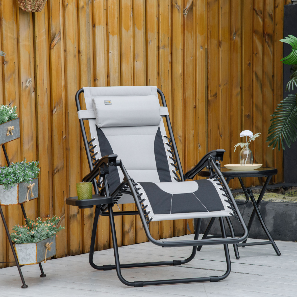 Outsunny Zero Gravity Folding Recliner with Cup Holder Tray, Adjustable Light Grey