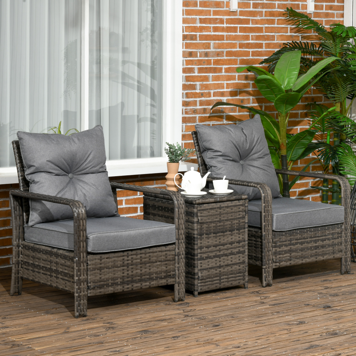 3-Piece PE Rattan Garden Sofa Set with 2 Armchairs and Storage Table, Grey, Outsunny