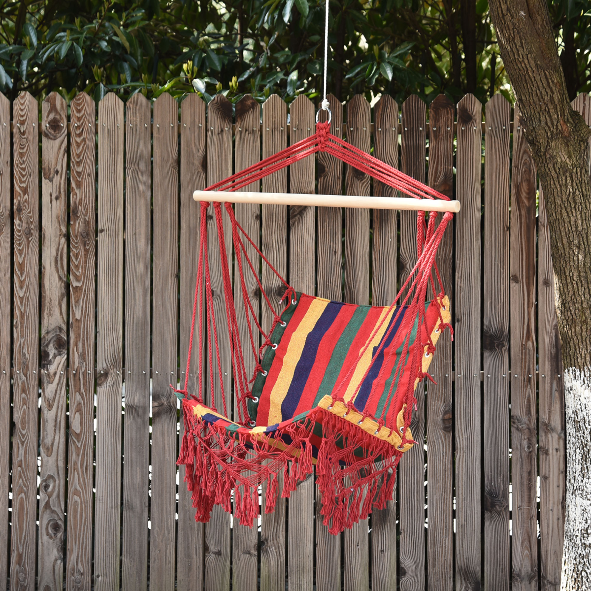 Outsunny Multicoloured Striped Hammock Chair Swing with Wooden Bar