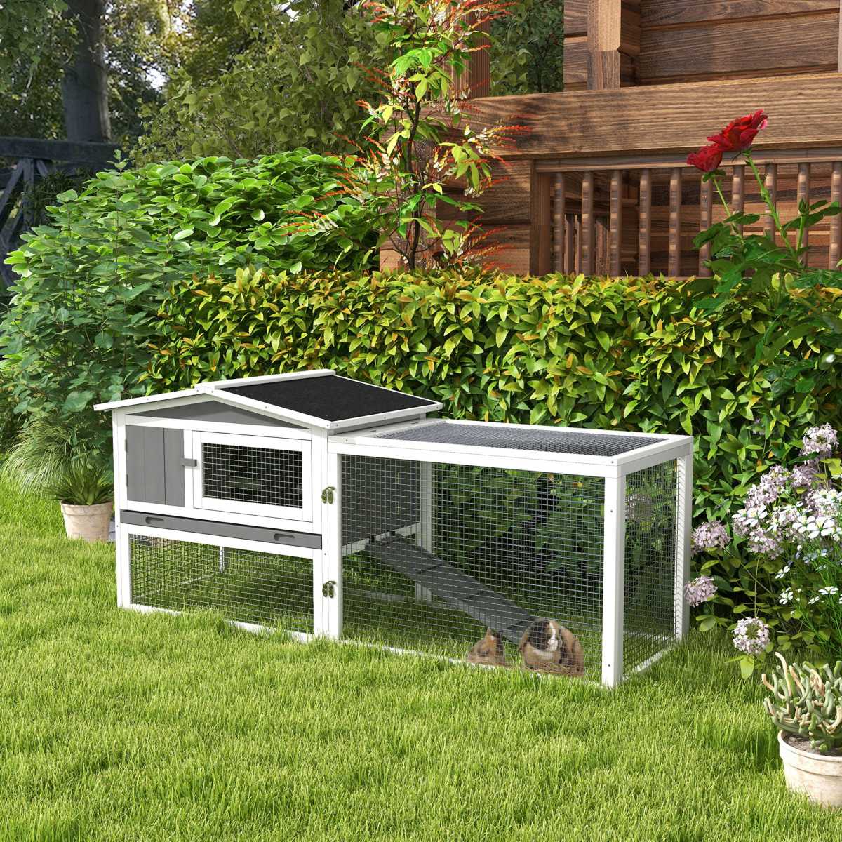 PawHut Outdoor Rabbit Hutch and Run with Slide-Out Tray, Detachable Run, Ramp, Fir Wood, 156 x 58 x 68cm