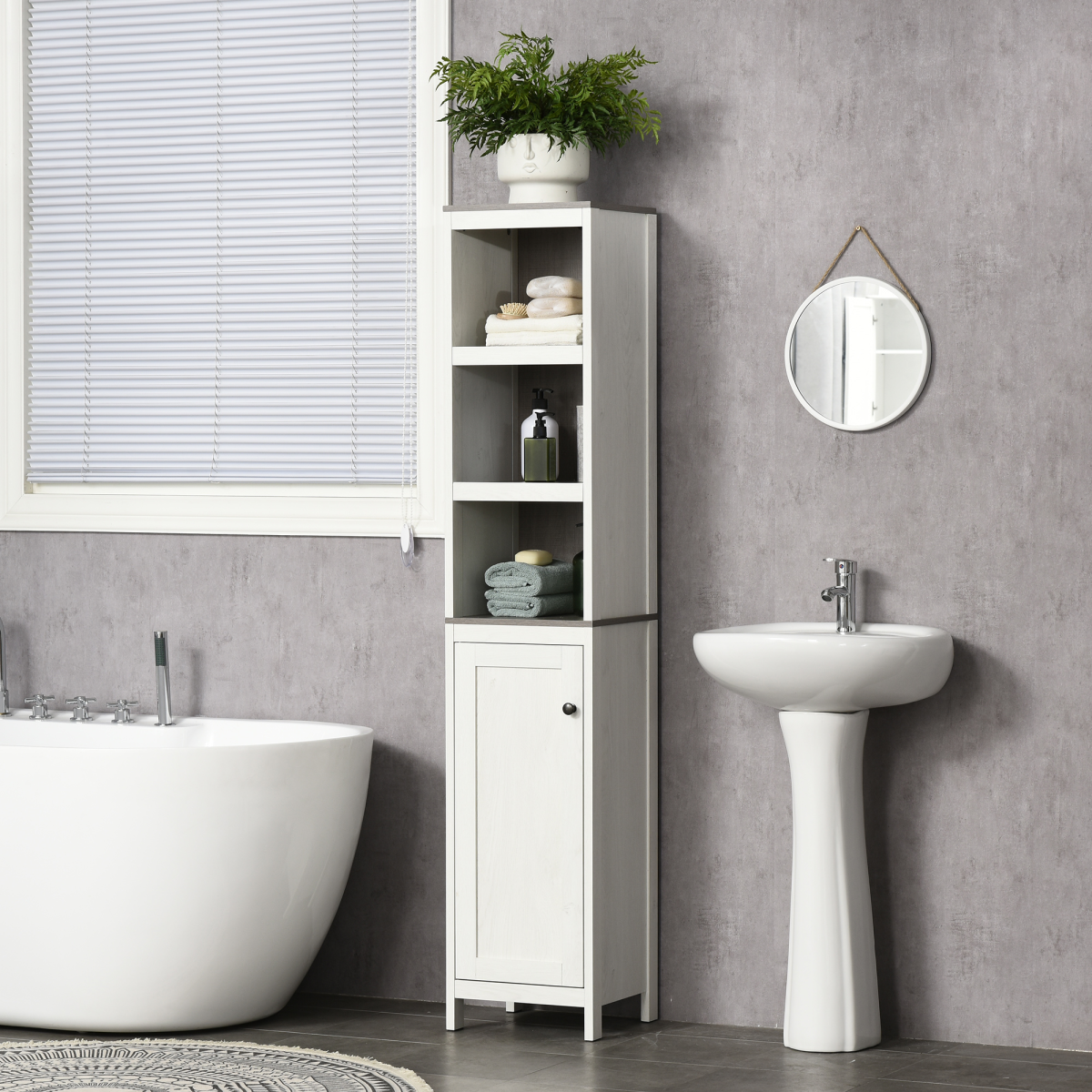 Slim Tall White Bathroom Linen Tower with Adjustable Shelf