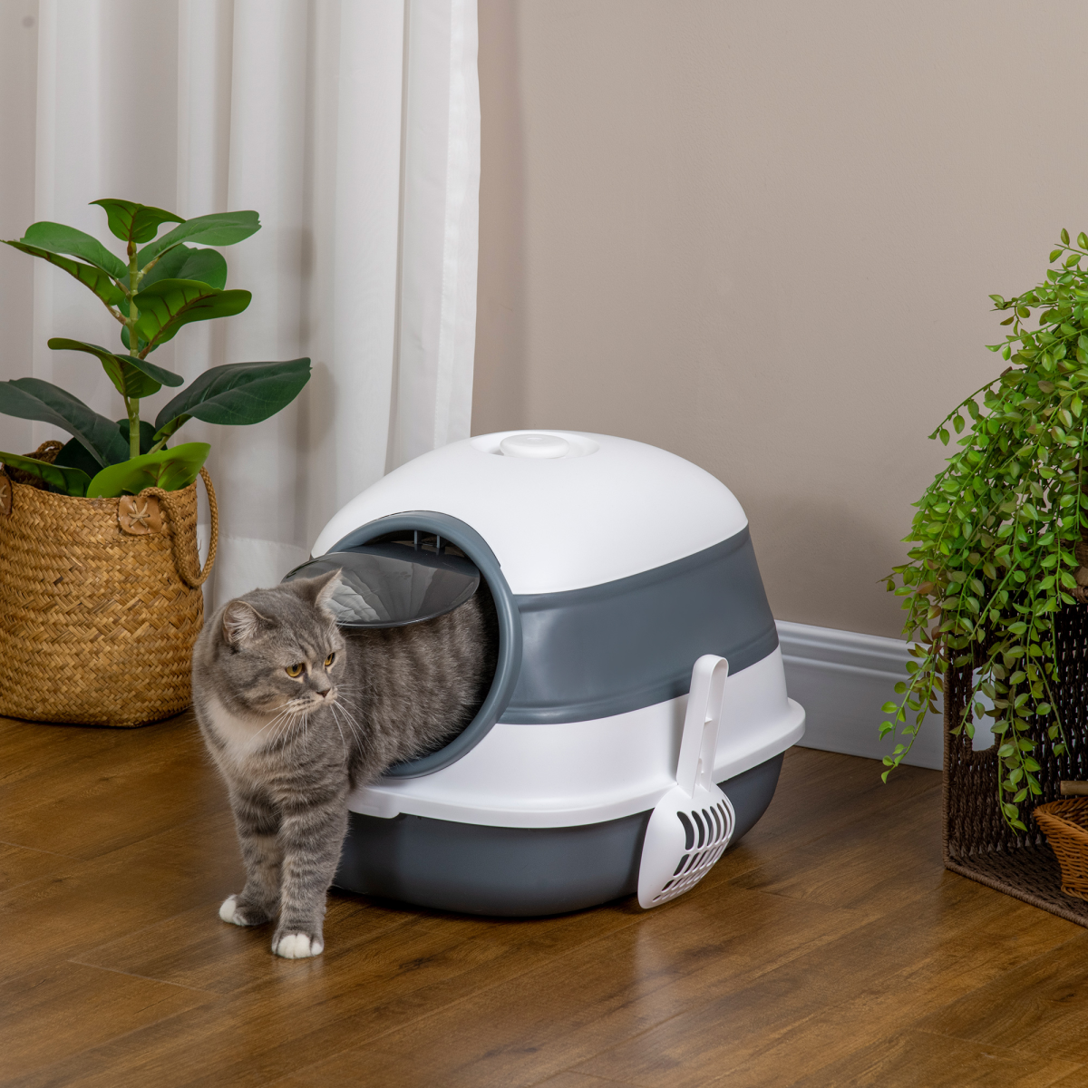 PawHut Hooded Cat Litter Box with Lid, High-Side Tray, Deodorizer and Scoop