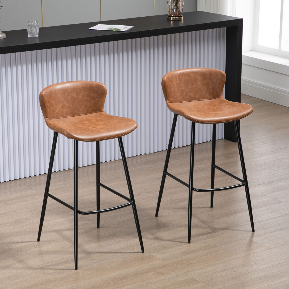 HOMCOM Set of 2 PU Leather Bar Stools with Backrest and Steel Legs
