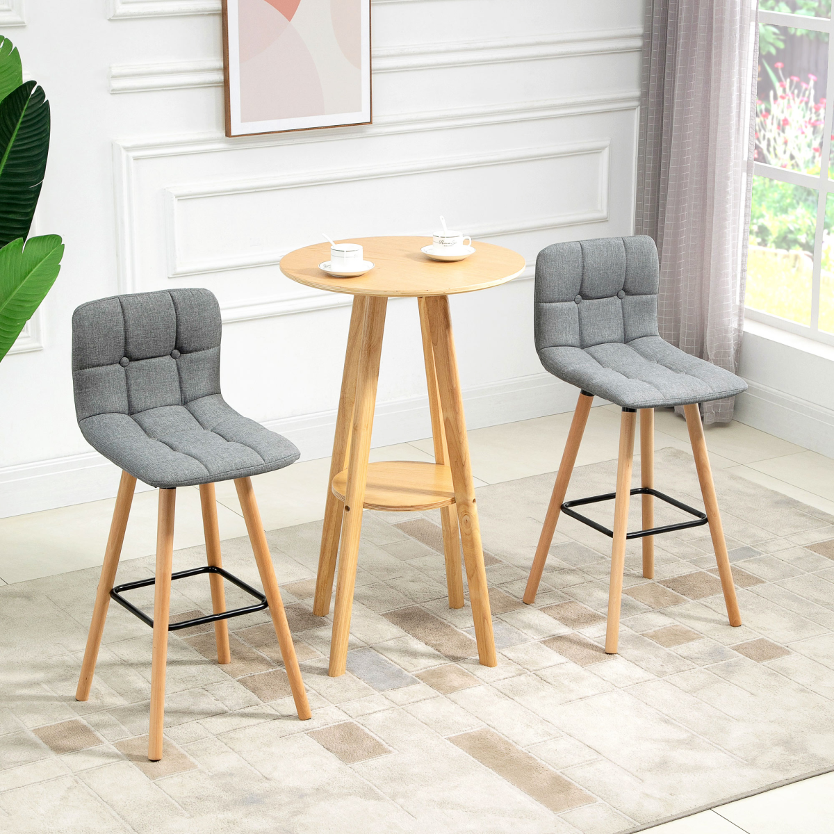 Set of 2 Grey Button-Tufted Armless Counter Height Bar Stools