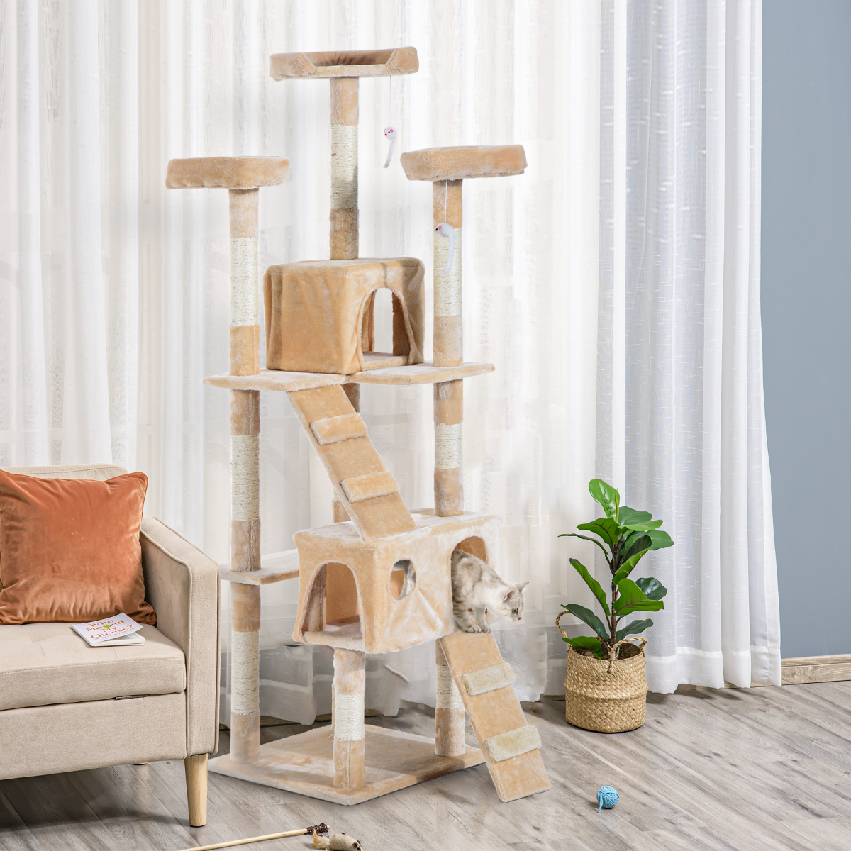 Pawhut 170CM Multi-Level Cat Tree Scratching Post with 3 Top Perches, 2 Condos, 2 Ladders and 3 Dangling Toys
