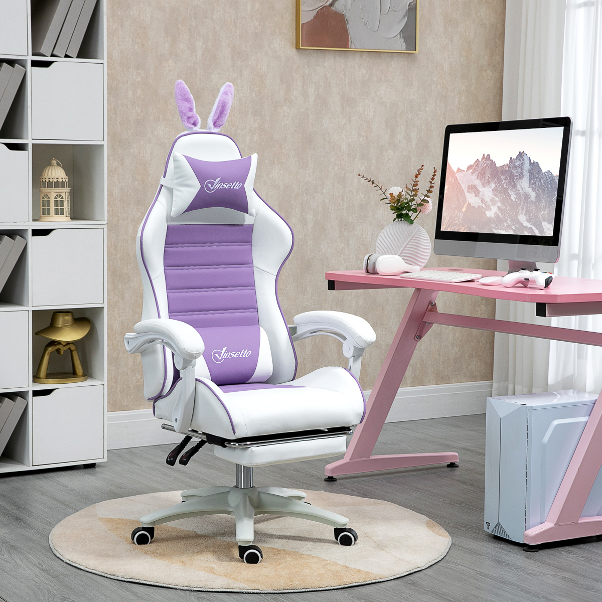 Vinsetto Racing Style Gaming Chair with Footrest, Removable Bunny Ears, Purple
