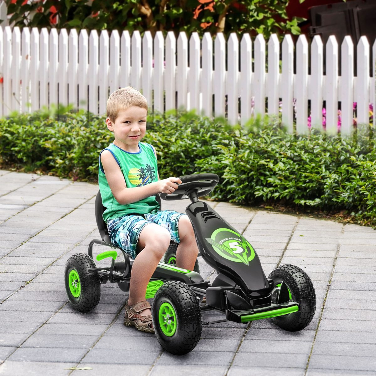 HOMCOM Kids Pedal Go Kart with Adjustable Seat, Rubber Wheels & Brake, Green