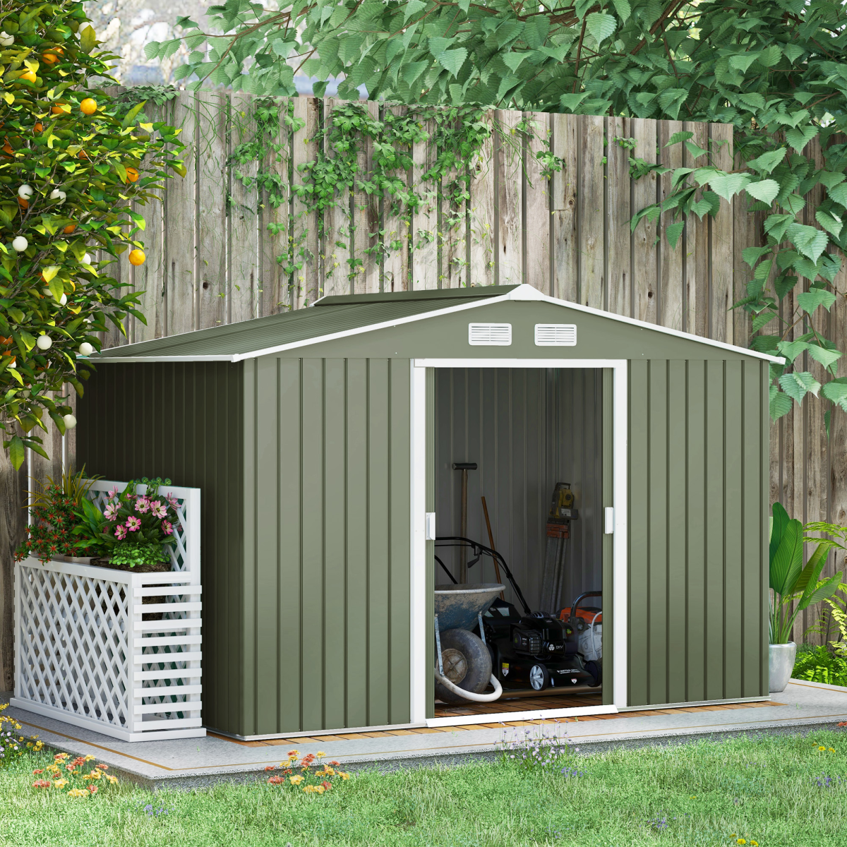 9 x 6FT Green Metal Garden Storage Shed with Sliding Double Doors, Ventilation, Sloping Roof and Floor Foundation