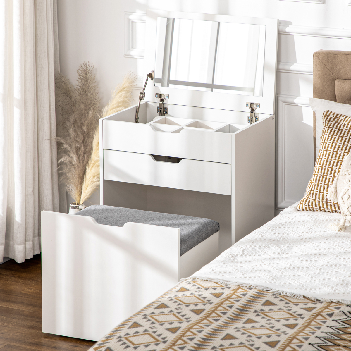 White Dressing Table Set with Flip-Up Mirror, Stool and Drawer