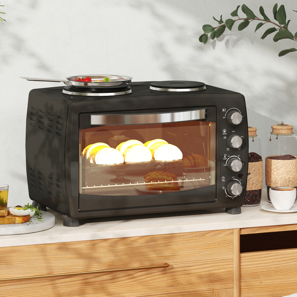 HOMCOM 36L Countertop Toaster Oven with Dual Hot Plates, 2600W
