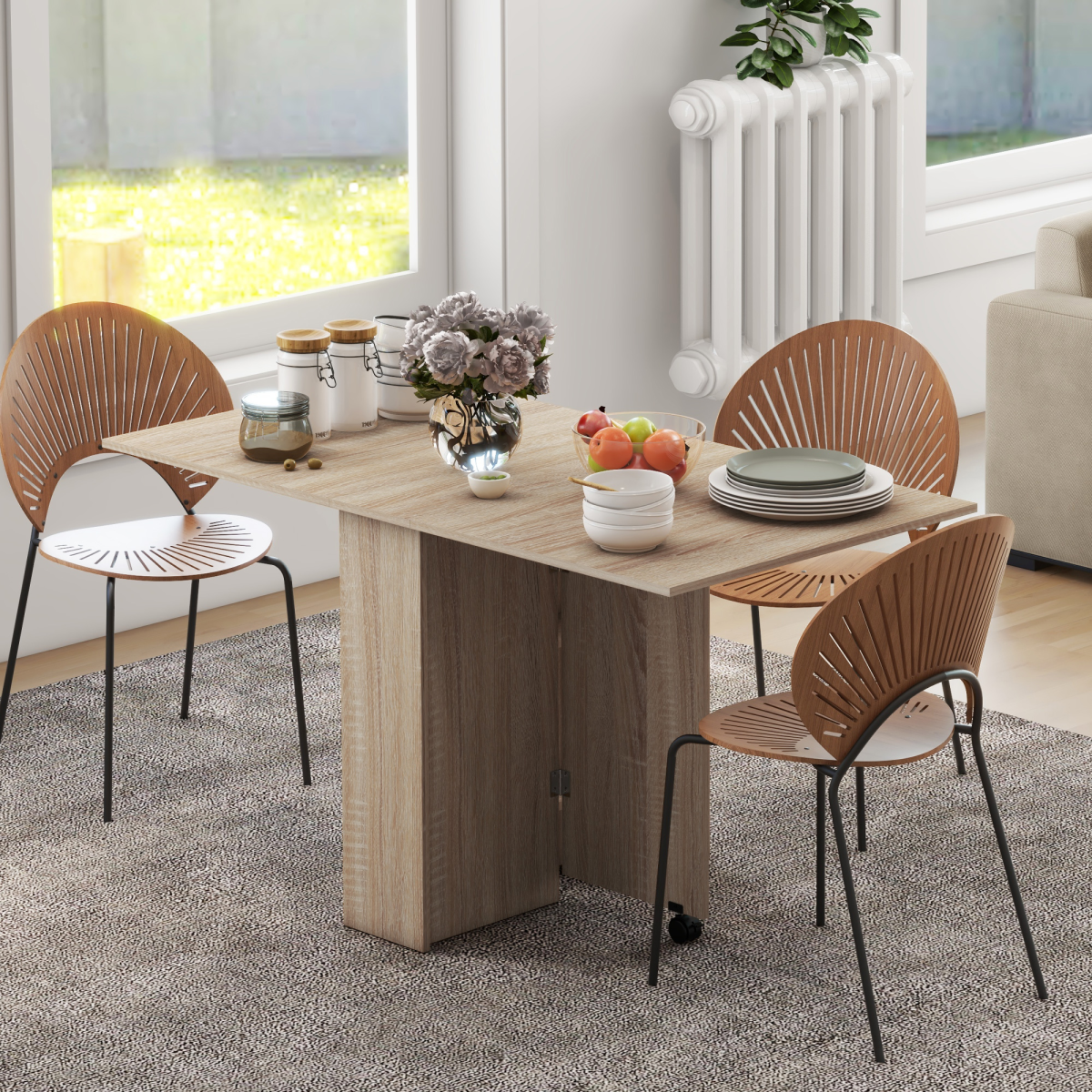 HOMCOM Mobile Drop Leaf Extendable Dining Table with Storage Shelves and Locking Wheels