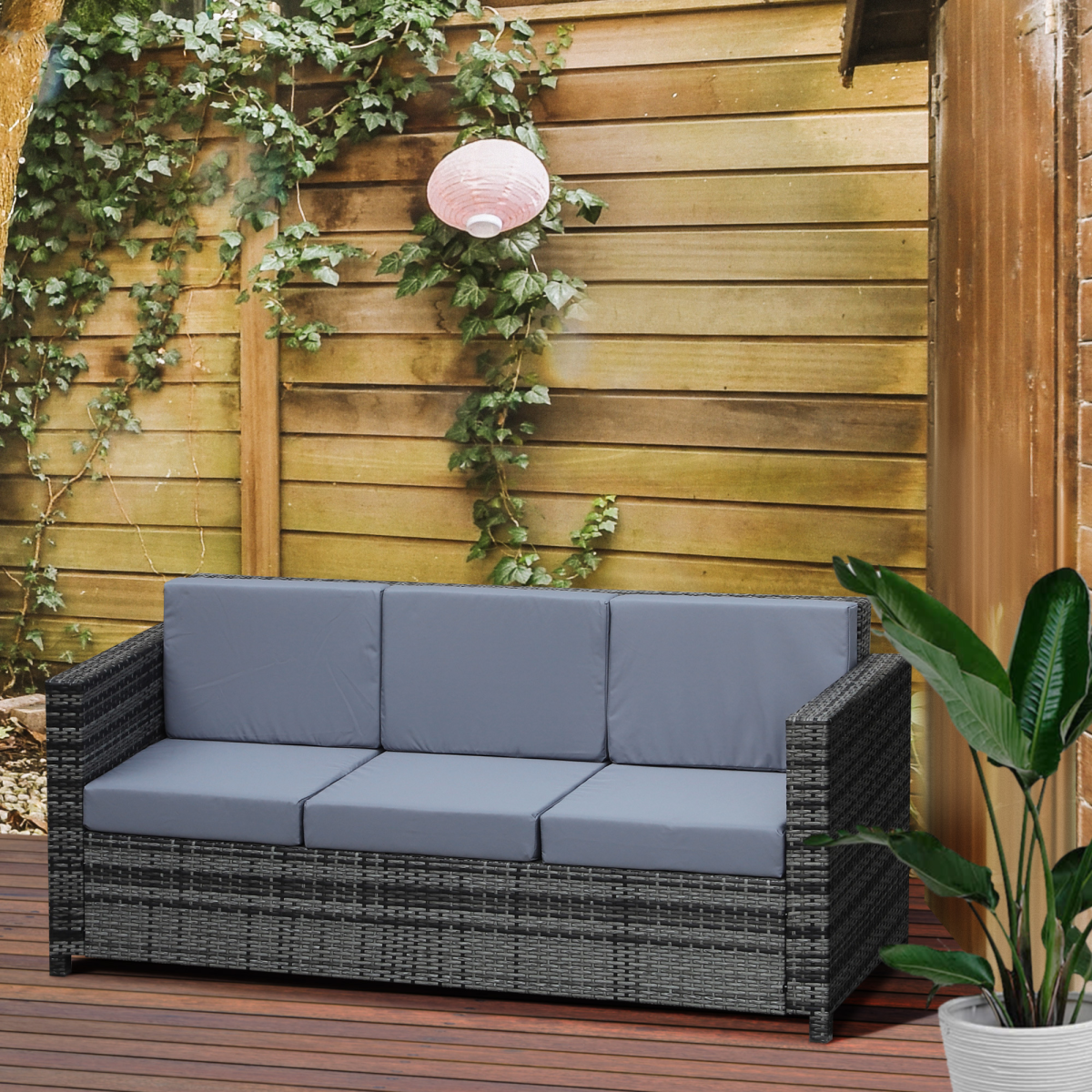 Outsunny 3-Seater Weather Resistant Grey Rattan Outdoor Garden Sofa with Cushions