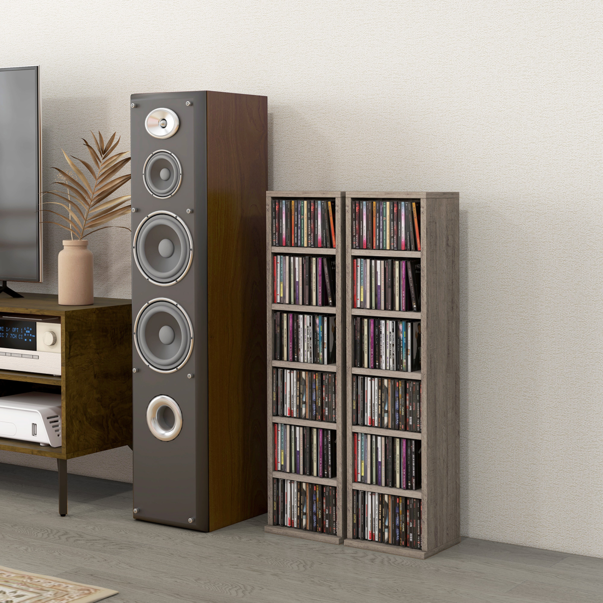 HOMCOM Set of 2 Adjustable CD Media Display Shelf Towers, Mocha Wood