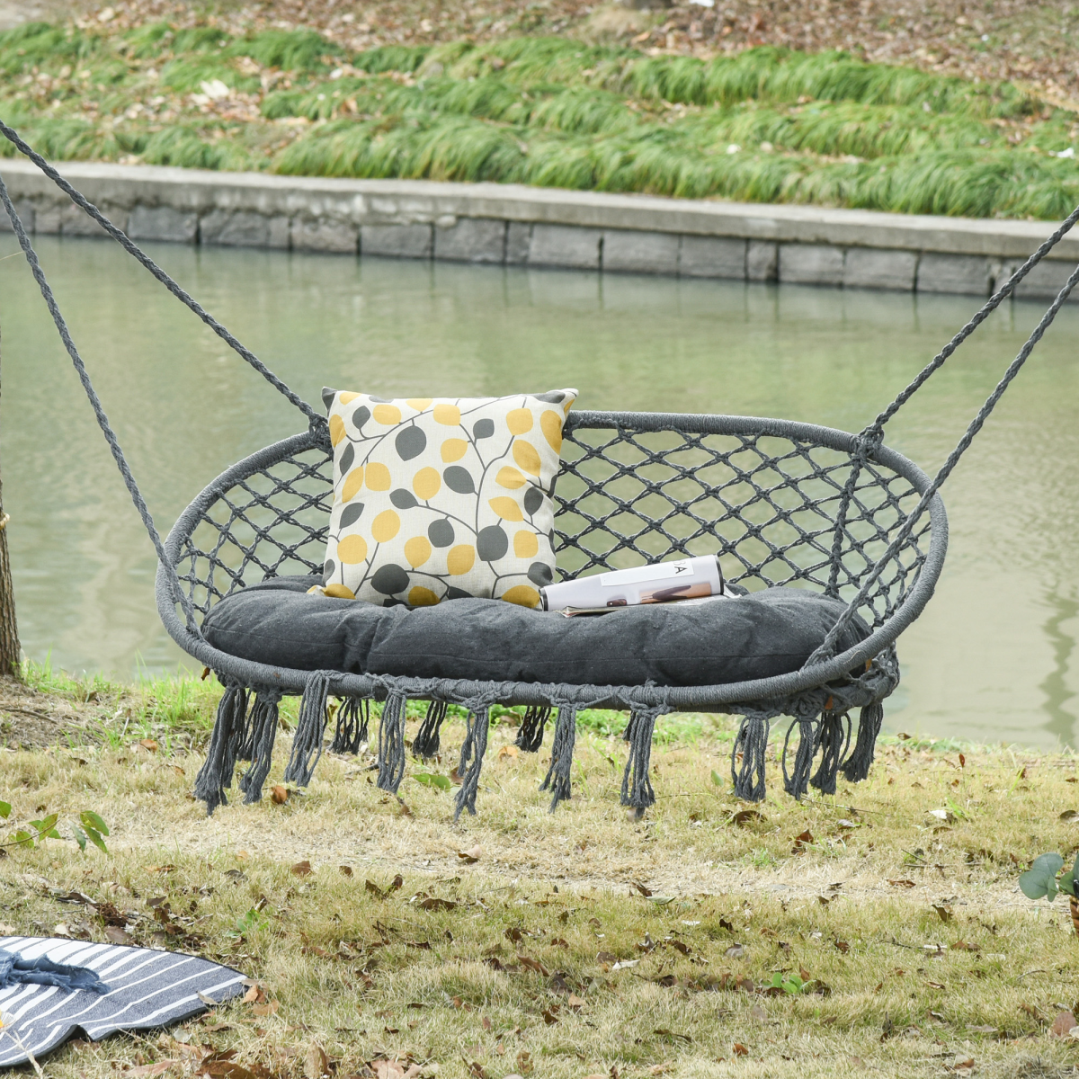 Outsunny Hanging Hammock Chair, Cotton Rope Swing with Solid Metal Frame, Large Macrame, Seat Cushion, Dark Grey