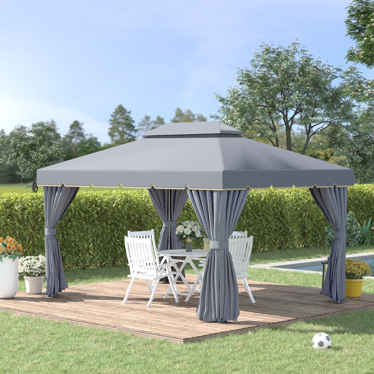 Outsunny 3 x 4m Aluminium Gazebo with 2-Tier Roof, Garden Nets and Sidewalls, Grey