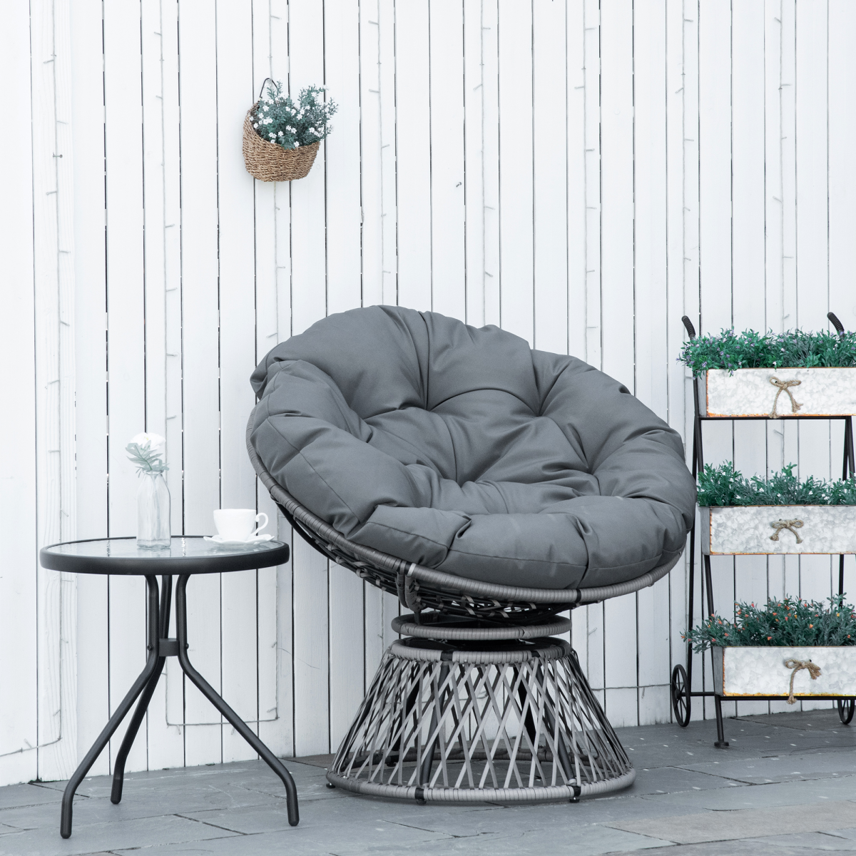 360° Swivel Rattan Papasan Moon Bowl Chair with Cushion, Outdoor, Grey, Outsunny