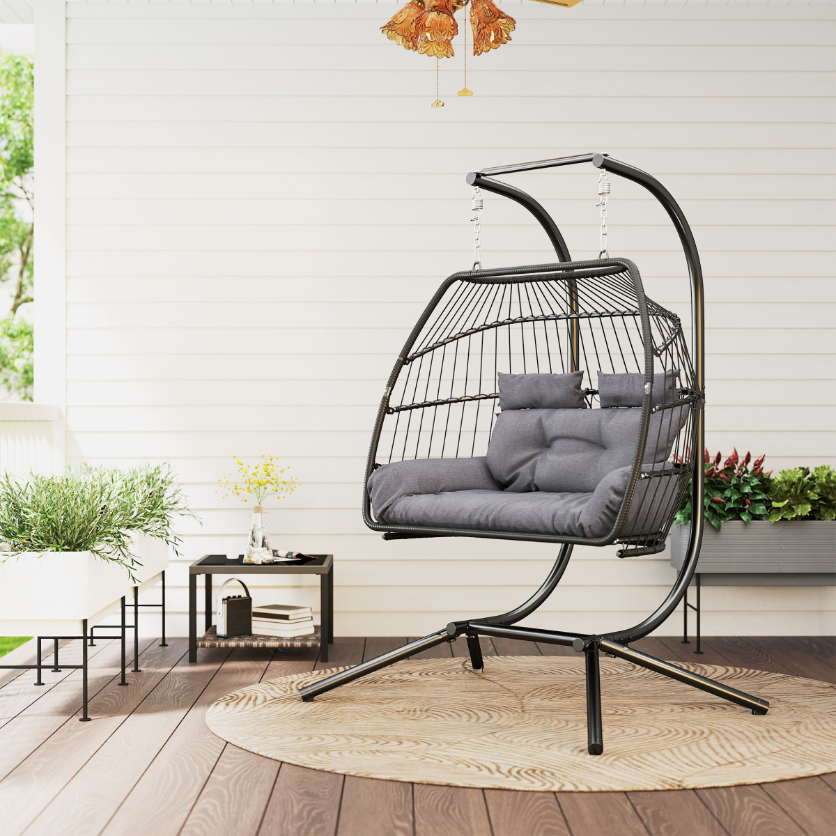 Outsunny Double Rattan Hanging Egg Chair with Stand, Cushion, Dark Grey
