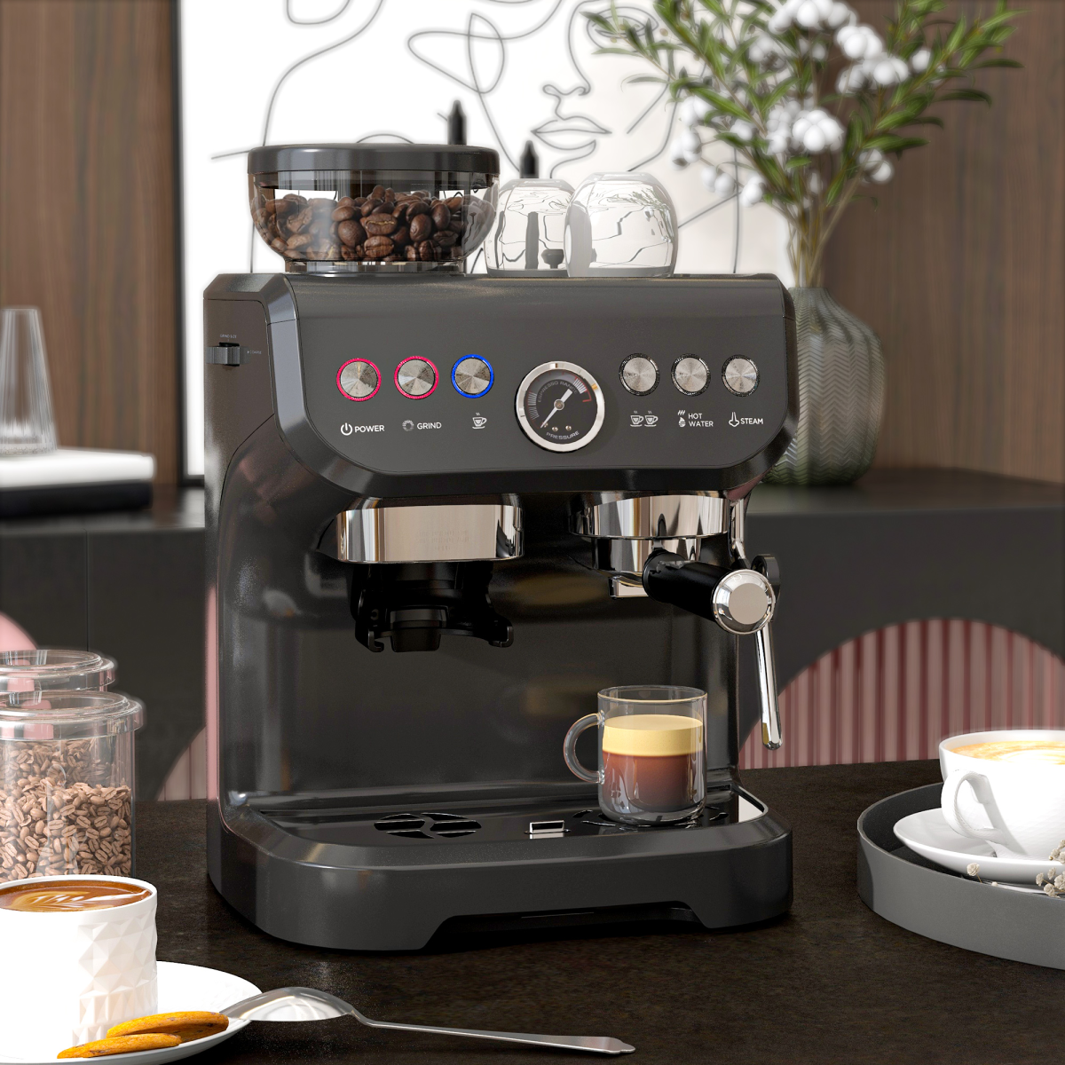HOMCOM Espresso Machine with Integrated Grinder & Steam Wand, 15 Bar