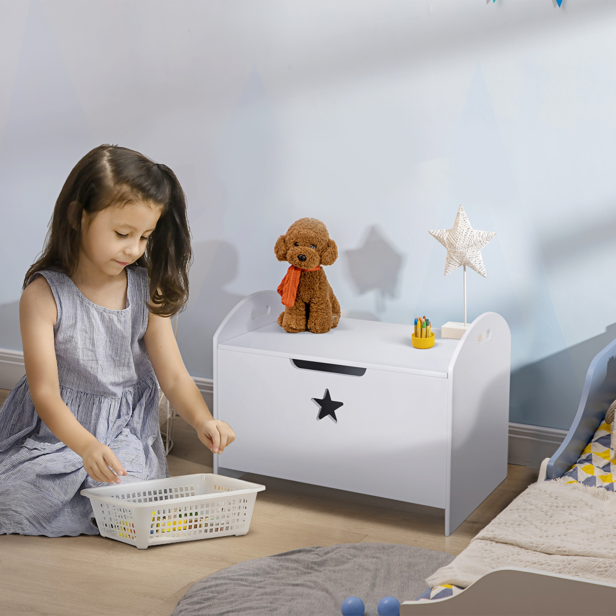 Kids Wooden Toy Storage Box with Handles, White