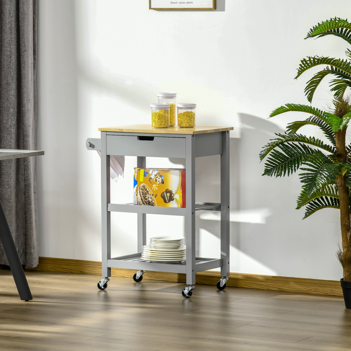 HOMCOM Kitchen Trolley Utility Cart on Wheels with Rubberwood Worktop, Drawer, 2 Shelves and Towel Rack