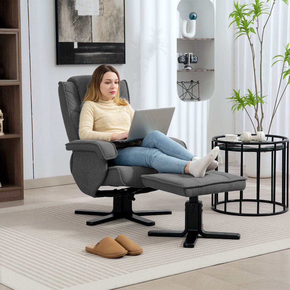 HOMCOM Velvet Rocker Swivel Recliner Chair with Footstool, Grey