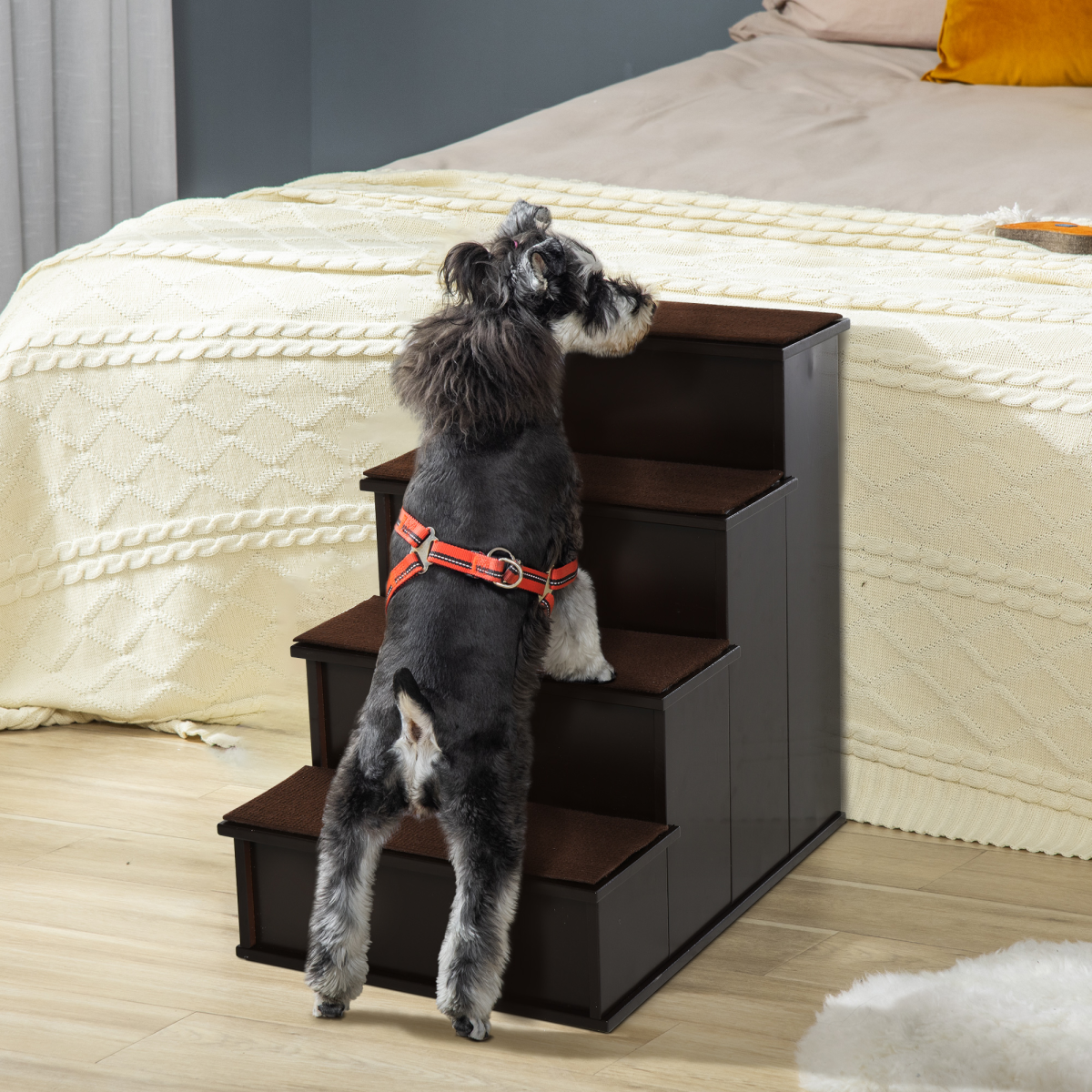 PawHut 4-Step Wooden Dog Stairs with Plush Cushion for Bed
